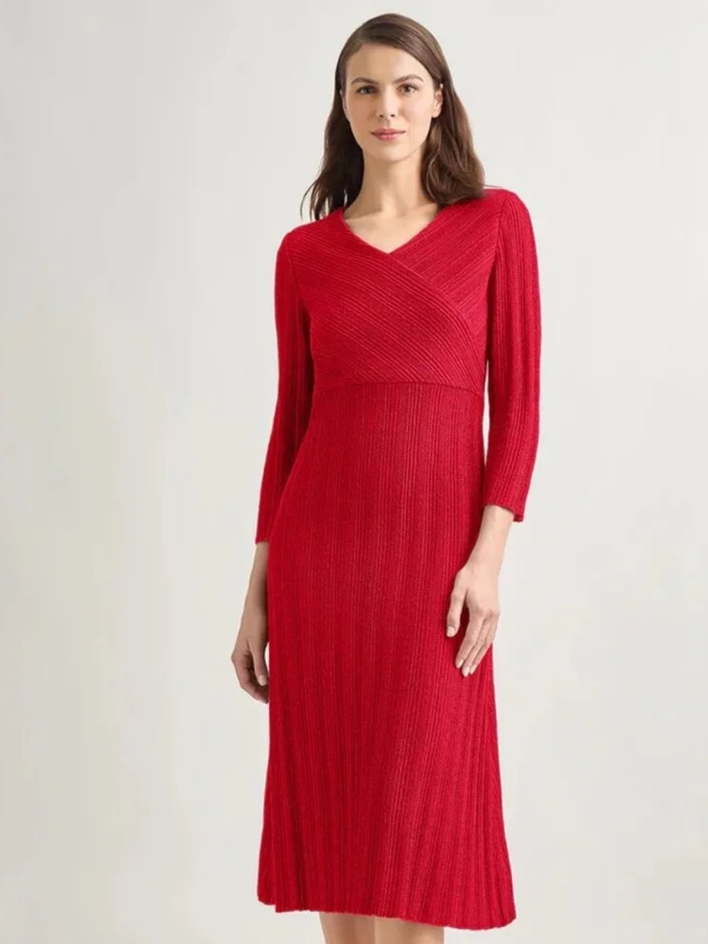 NWT Misook Textured Midi Dress Women's Size Large Red V-Neck 3/4 Sleeve